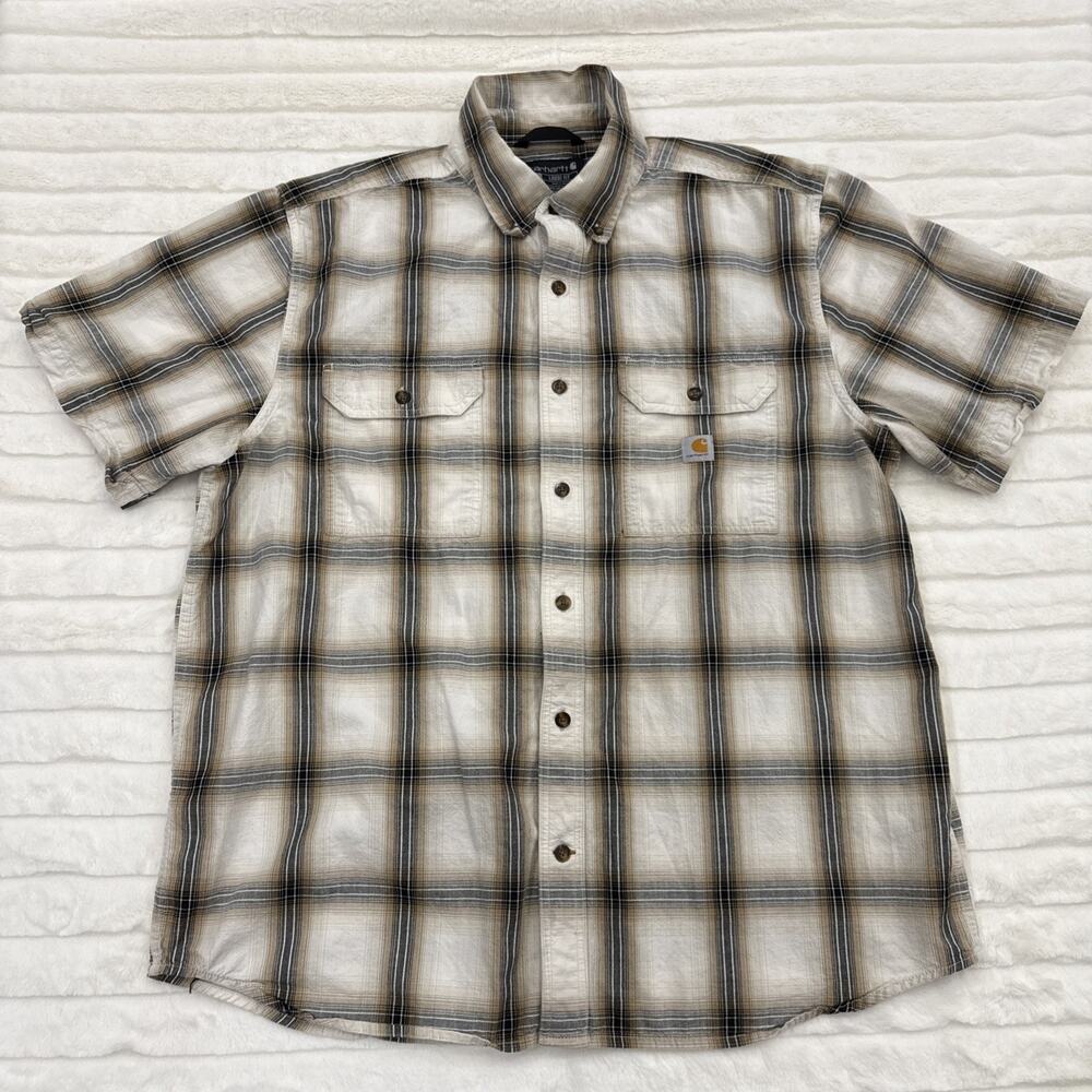 Carhartt Shirt Men's Extra Large Loose Fit Gray Brown Plaid Button Down Workwear